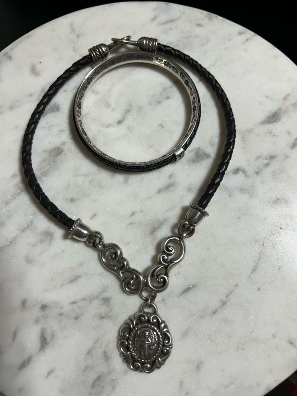 Brighton Set - Leather Cord Necklace  and black braided leather Bracelet.